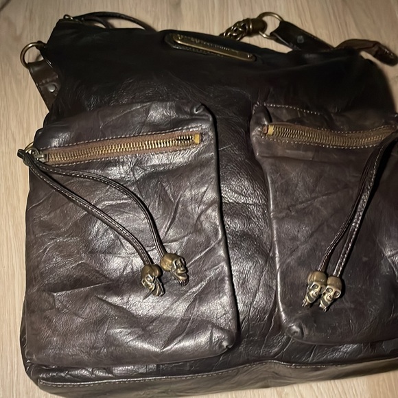 Thomas Wylde Dark Chocolate Leather Bag with Stoned Decorative Skull Head - Picture 12 of 16